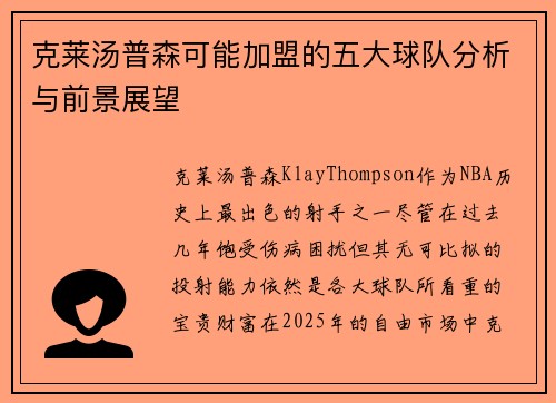 克莱汤普森可能加盟的五大球队分析与前景展望